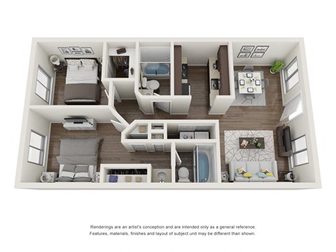Floor plan for 2 beds, 2 baths, 845 sqft
